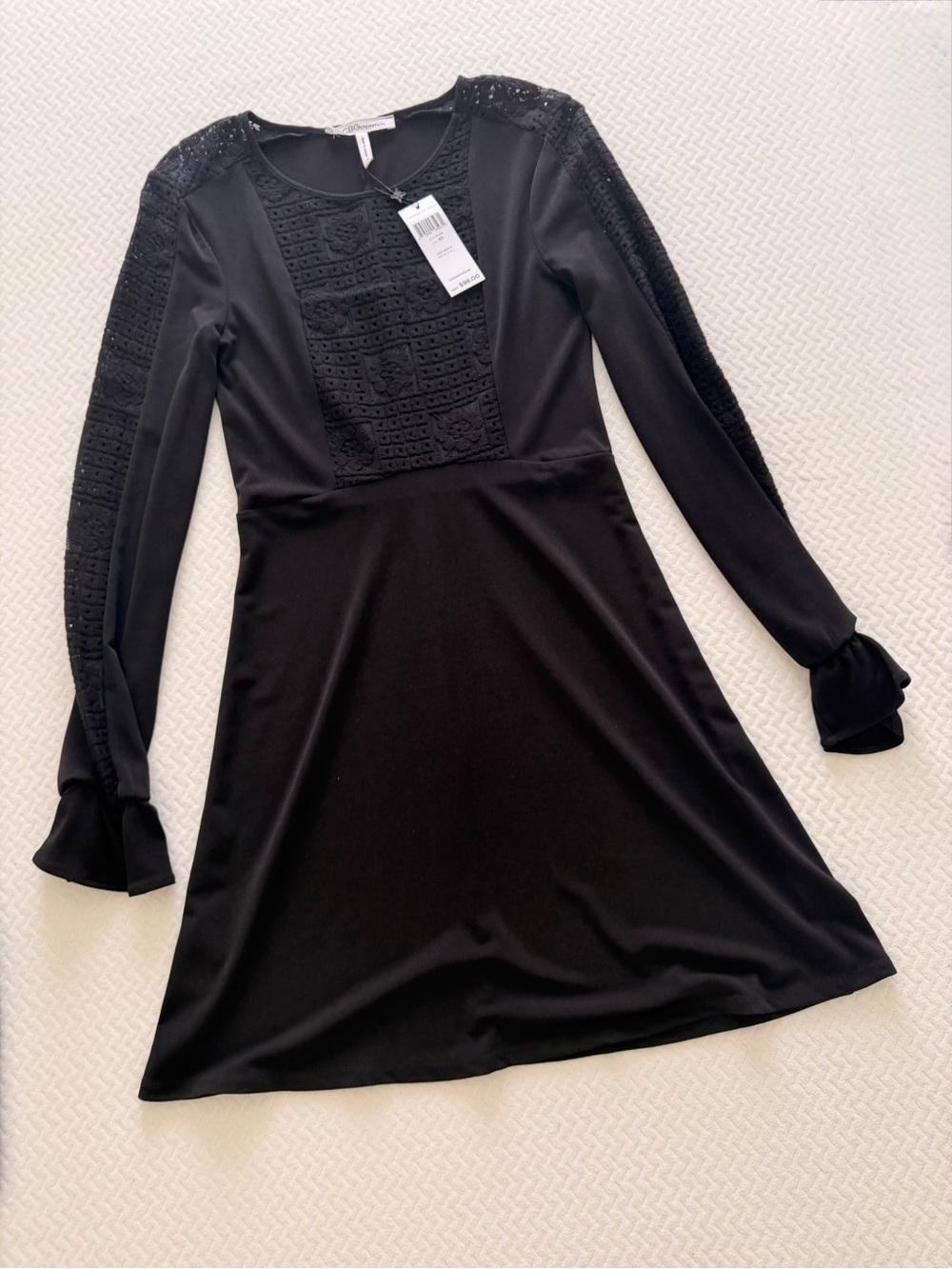 BCBGeneration Black Long-Sleeve Lace-Panel A-Line Dress